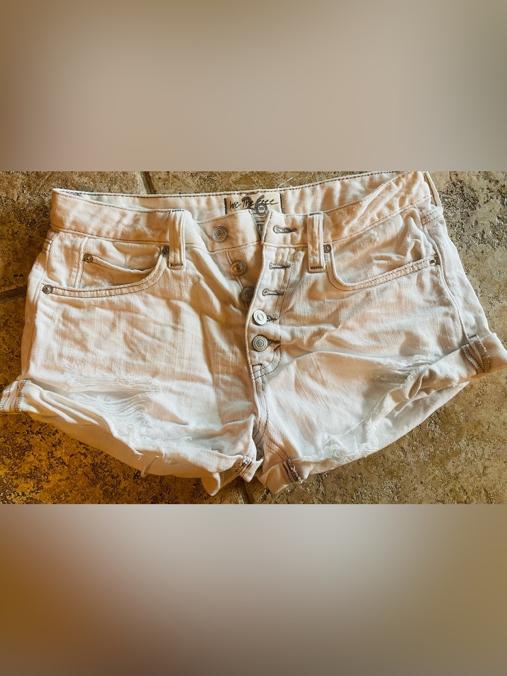 We The Free White Distressed High-Rise Button-Fly Denim Shorts